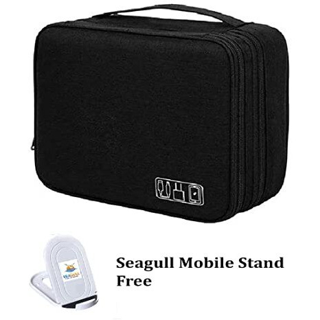 Seagull Flight Of Fashion Nylon Double Layer Electronic Gadget Organizer Case, Cable Organizer Bag For Accessories With Mobile Stand - 27 X 20 X 9 Cm - Black - Model 1