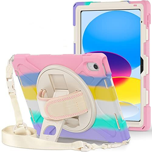 Proelite Rugged 3 Layer Armor Case Cover For Apple Ipad (A16) 11Th/10Th Generation (2025/2022). With Hand Grip And Rotating Kickstand, Rainbow