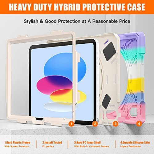 Proelite Rugged 3 Layer Armor Case Cover For Apple Ipad (A16) 11Th/10Th Generation (2025/2022). With Hand Grip And Rotating Kickstand, Rainbow