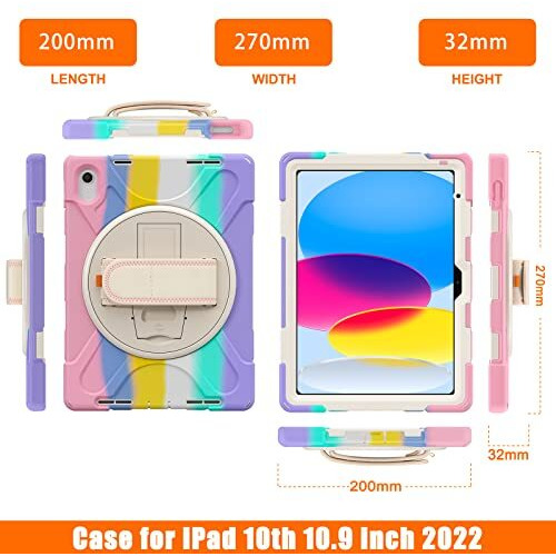 Proelite Rugged 3 Layer Armor Case Cover For Apple Ipad (A16) 11Th/10Th Generation (2025/2022). With Hand Grip And Rotating Kickstand, Rainbow