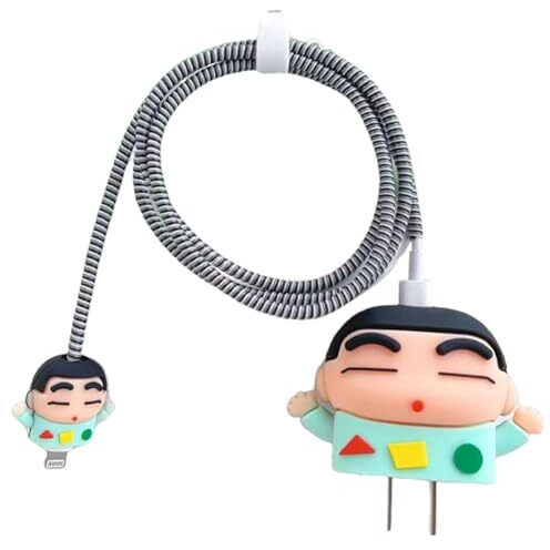 Prolet Cartoon Silicone Charger Case For Only Iphone 18W & 20W Charger And Wire Protector For Lightning Cable - Fun And Protective Cover With 3D Cartoon Design (Charger Not Included) - Shin-Chan Cyan