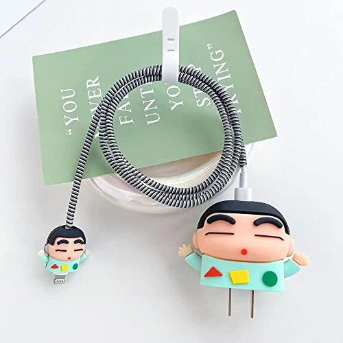Prolet Cartoon Silicone Charger Case For Only Iphone 18W & 20W Charger And Wire Protector For Lightning Cable - Fun And Protective Cover With 3D Cartoon Design (Charger Not Included) - Shin-Chan Cyan