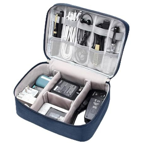 Yellow Weaves 2 Layer Electronics Accessories Organizer Bag, Cable Organizer Bag, Travel Pouch For Charger, Usb Cord, Data Cable, Sd Cards, Earphone, Power Bank, Navy Blue, 25X18X10Cm - Canvas