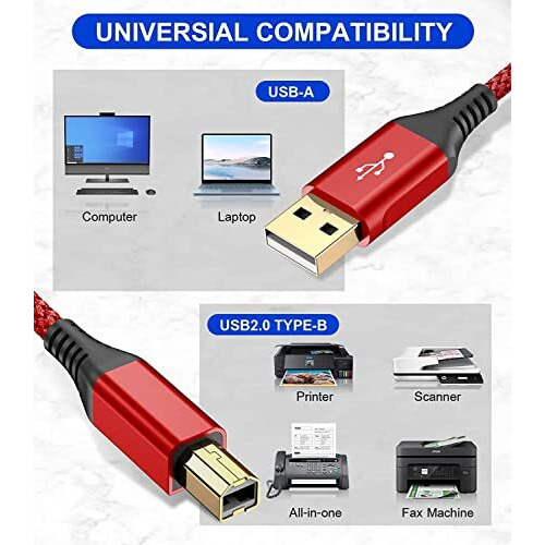 Rts High Speed Usb Printer Cable (2M 6.6 Feet) Nylon Braided Usb 2.0 Printer Cable Usb-A To Usb-B Cable, Scanner Printer Cord For Hp Canon Dell Epson Brother Lexmark Xerox Samsung Piano Dac & More-Red
