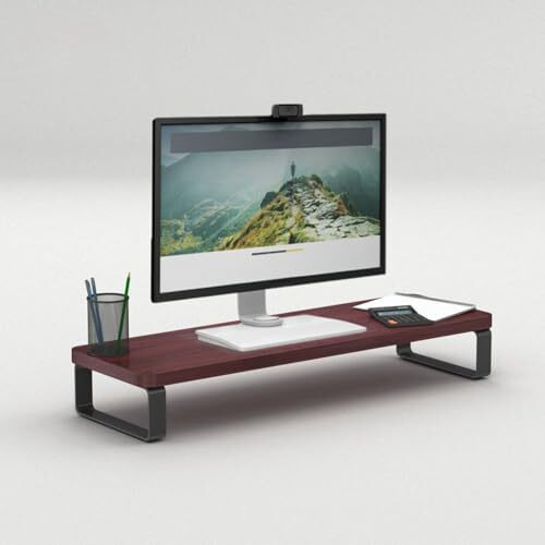Flux Monitor Stand Wooden | Monitor Stand Riser | Pc Stand For Desktop Table | , Non Slip, Material Particle Board & Metal Size- (59.5 Cm X 20Cm X 12Cm) Shelf (Rustic Red)