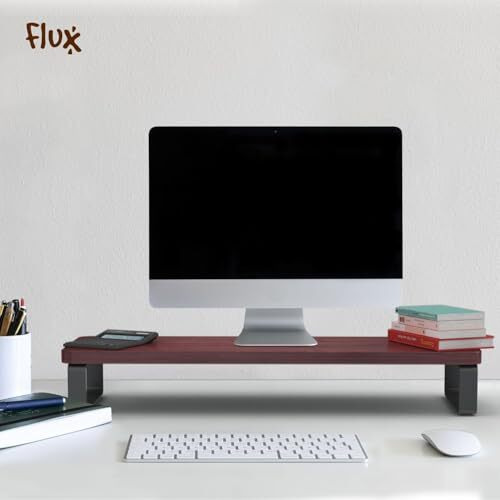 Flux Monitor Stand Wooden | Monitor Stand Riser | Pc Stand For Desktop Table | , Non Slip, Material Particle Board & Metal Size- (59.5 Cm X 20Cm X 12Cm) Shelf (Rustic Red)