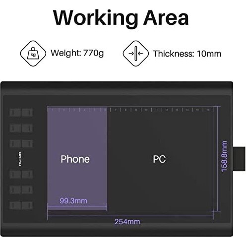 Huion Inspiroy H1060P Graphics Drawing Tablet 10 X 6.25 Inch With 8192 Pressure Sensitivity Battery-Free Stylus And 12 Customized Hot Keys, Digital Art Tablet For Mac, Windows Pc And Android