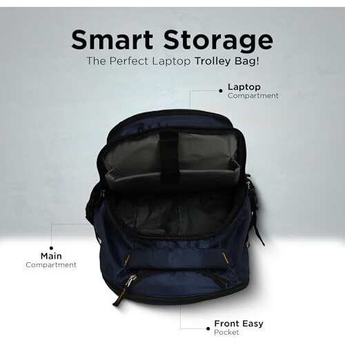 Novex Pacific 35 Litre Water Resistant Laptop Trolley Bags For Travel With 3 Compartments 15.6" Roller Case For Office Travel Dark Blue Bag For Men & Women | 2 Wheels Trolley Backpack Laptop