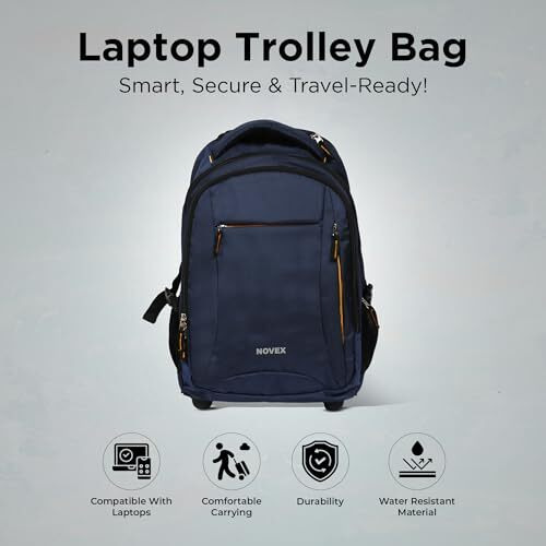 Novex Pacific 35 Litre Water Resistant Laptop Trolley Bags For Travel With 3 Compartments 15.6" Roller Case For Office Travel Dark Blue Bag For Men & Women | 2 Wheels Trolley Backpack Laptop
