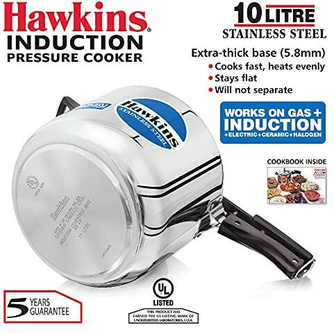 Hawkins Stainless Steel 10L Inner Lid Pressure Cooker Induction Compatible, 10 Liter