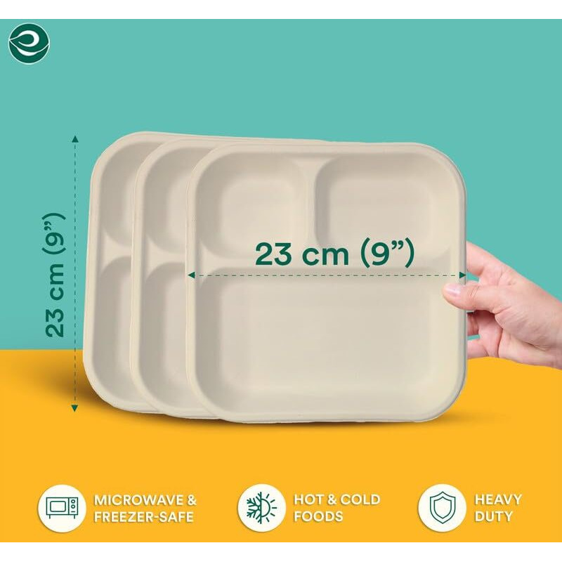 Eco Soul [3-Compartment, Pack Of 50 Disposable Meal Tray | Compostable Bagasse Plates | Eco-Friendly Biodegradable Dinner Plates | Party, Wedding, Event Plates, Beige