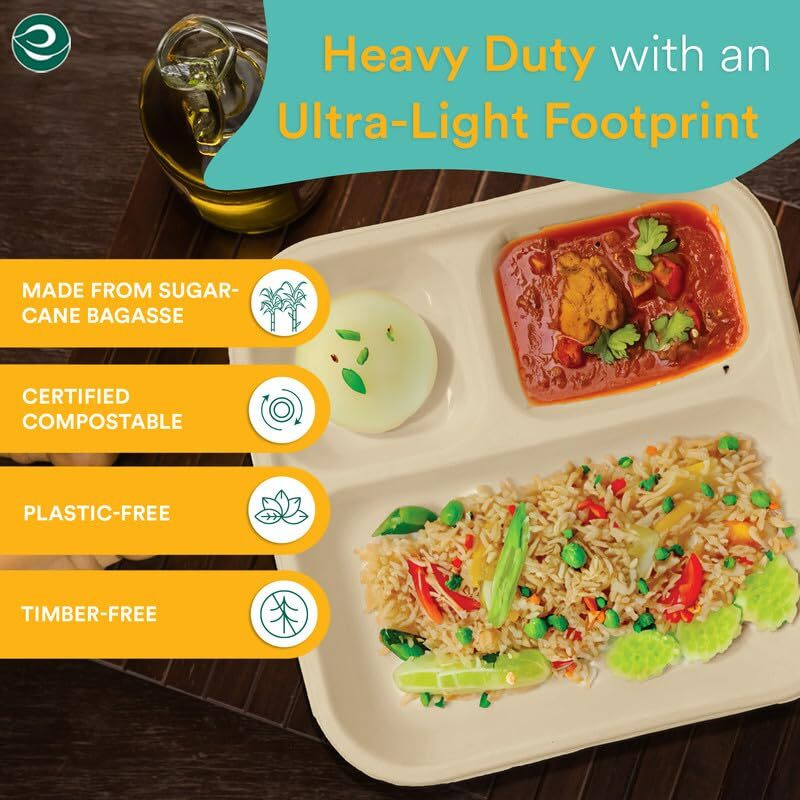 Eco Soul [3-Compartment, Pack Of 50 Disposable Meal Tray | Compostable Bagasse Plates | Eco-Friendly Biodegradable Dinner Plates | Party, Wedding, Event Plates, Beige