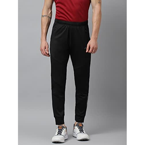 Aticx Men's Slim Fit Polyester Joggers - Quick Dry 4 Way Stretch Lycra Track Pants For Gym, Sports, Running With 2 Zip Pocket (Jet Black_L), Mid Rise