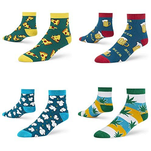 Dynamocks Men's And Women's Combed Cotton Ankle Length Socks (Pack Of 4) (Multicolour, Free Size) (Ca - Beer + Pizza + Happy Leaf + Popcorn)