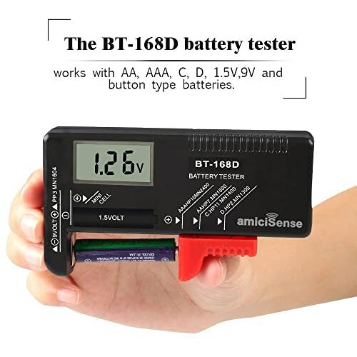 Amicisense Digital Battery Tester Bt-168D Voltage Indicator For 1.2V-4.8V Aa Aaa C D 9V 3V 18650 16340 14500 Lithium Battery, Battery_Powered, Black