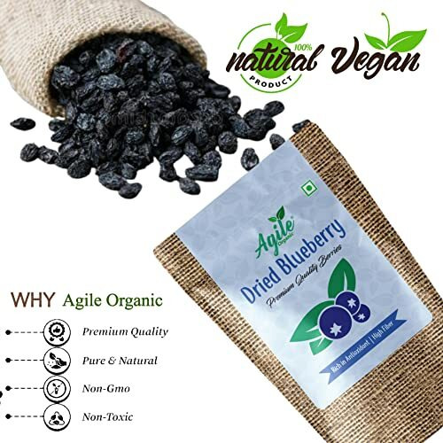 Agile Organic Dried Blueberry 500G- (Gluten Free, Vegan & Non Gmo) Whole Blueberries Dry Fruits | Healthy Snack