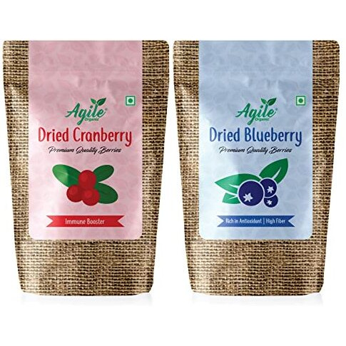 Agile Organic Dried Berries Combo 500G (Non-Gmo Cranberries 250G & Dried Blueberries 250G) - Berries Mix | Healthy Snacks | Mixed Berries