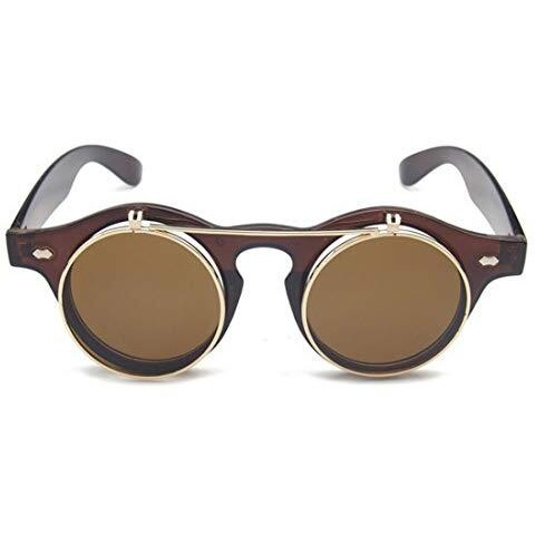 Digital Shoppy Steampunk Goth Boy's And Girl's Retro Flip Up Round Goggles Glasses Sunglasses, Polarized Standard For Student (Brown)