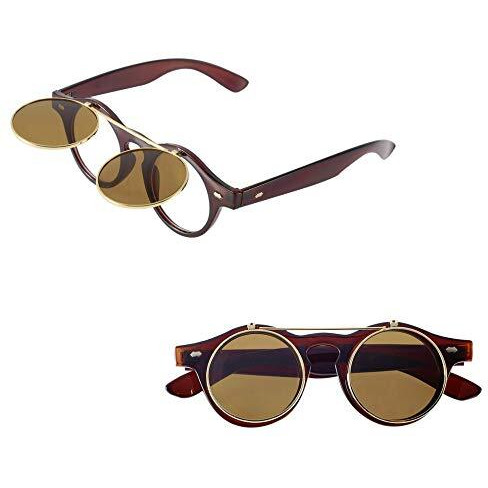 Digital Shoppy Steampunk Goth Boy's And Girl's Retro Flip Up Round Goggles Glasses Sunglasses, Polarized Standard For Student (Brown)