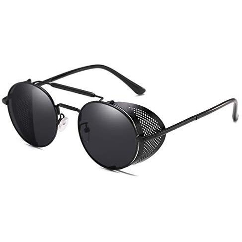 Elegante Branded Side Shield Steampunk Full Black Unisex Round Sunglass - Non-Polarized, Sunglasses