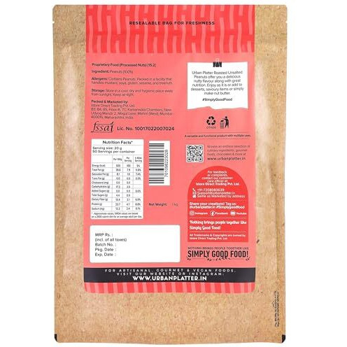 Urban Platter Roasted Unsalted Peanuts, 1Kg (Skin Removed | Vacuum Packed | Product Of Bharuch)