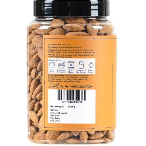 Urban Platter Roasted & Lightly Salted California Almonds, 500G [Seasoned With Pink Salt | Healthy Snacking | Crunchy | Oven Roasted]