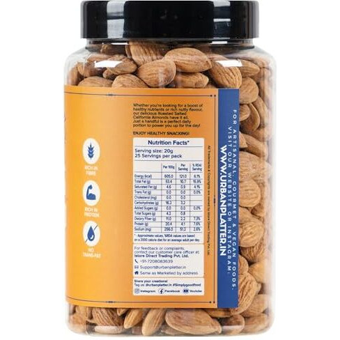 Urban Platter Roasted & Lightly Salted California Almonds, 500G [Seasoned With Pink Salt | Healthy Snacking | Crunchy | Oven Roasted]