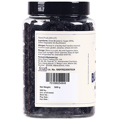Urban Platter Dried Blueberries, 500G (Sweet & Mildly Tart | Garnish Or Add To Fruit Salads, Oatmeals, Mueslis, Trail Mixes, Ice Creams, Baked Goods | Product Of Usa), 0.52 Kg