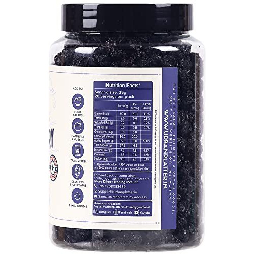 Urban Platter Dried Blueberries, 500G (Sweet & Mildly Tart | Garnish Or Add To Fruit Salads, Oatmeals, Mueslis, Trail Mixes, Ice Creams, Baked Goods | Product Of Usa), 0.52 Kg