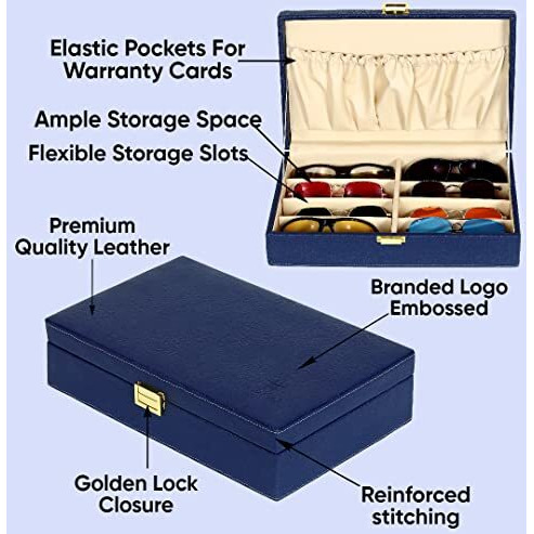 Fico Hard Craft Sunglasses Specs Spectacle Eyewear Goggles Organizer Box Case 8 Slots Pu Leather Sunglass Shades Holder Cover Pouch Organiser Box For Men And Women (Blue)
