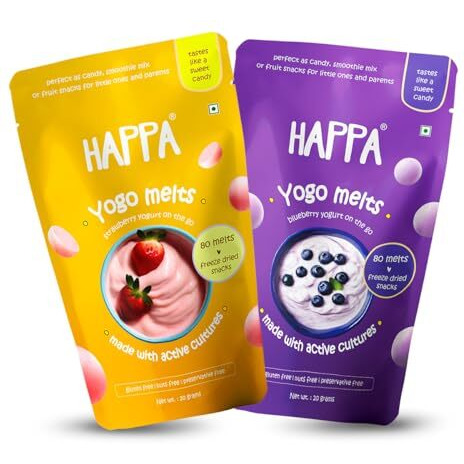 Happa Strawberry + Blueberry Yogo Melts | Real Fruit And Real Yogurt Snacks | Probiotics - Immunity Booster | Protien And Calcium |Safe For Ages 8 Months Onwards | Easy To Carry | 80 Units