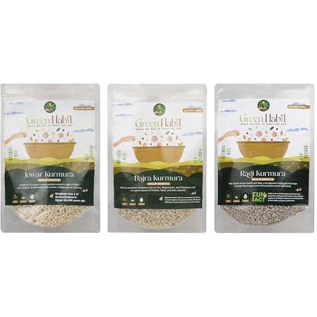 Greenhabit Jowar, Ragi & Bajra Kurumura Trio A.K.A Sorghum, Finger Millet & Pearl Millet Puffed For Healthy Munching Alternatives (Puffed Bajri 200G,Puffed Jowari 200G & Puffed Ragi 200G Pack Each)
