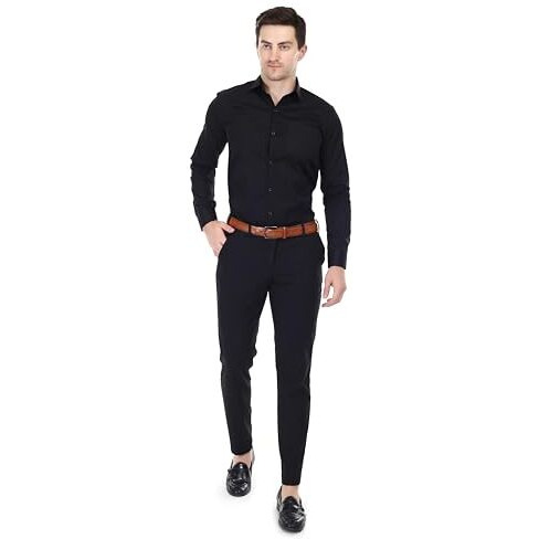 Xjarvis Men's Ozark Cotton Slim Fit Formal Shirt With Pocket  Long Sleeve, Spread Collar, Breathable & Lightweight  Ideal For Summer, Office, Casual Black  Size L