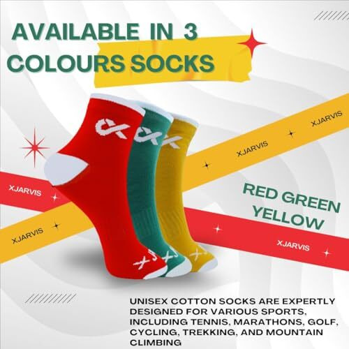 Xjarvis Moscow Ankle Socks For Men And Women  Moisture-Wicking, Ultimate Comfort, Odor Free, Breathable & Perfect For Gym Wear And Sports Wear Pack Of 3 Free Size  (Red/Green/Yellow)