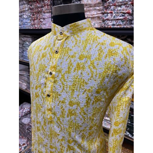 Traditional MenS Cotton Blend Printed Long Kurta  Comfortable, Stylish Wear For Weddings, Festivals & Occasions (In, Alpha, L, Regular, Men, Yellow)