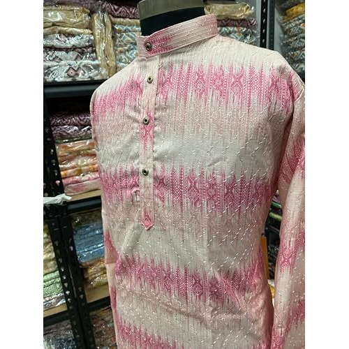 Kurta Men's Printed Crochet Kurta  Unique Handmade Design, Soft Cotton Fabric, Trendy & Comfortable For Casual, Festive, And Traditional Occasions (In, Alpha, Xl, Regular, Men, Light Pink)