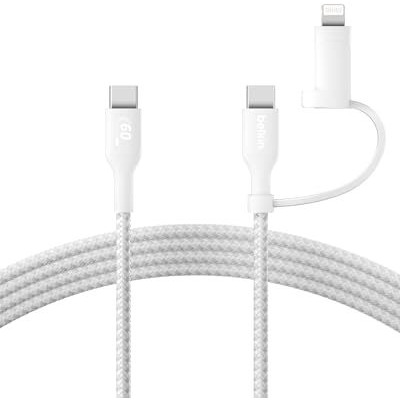 Belkin Boostcharge 2-In-1 Usb-C Charging Cable W/Usb-C & Lightning Connector - Braided Fast-Charging Cable, Multi-Charging Combo Cord For Apple Iphone, Ipad, Samsung, Macbook, & More - White