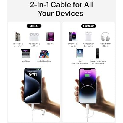 Belkin Boostcharge 2-In-1 Usb-C Charging Cable W/Usb-C & Lightning Connector - Braided Fast-Charging Cable, Multi-Charging Combo Cord For Apple Iphone, Ipad, Samsung, Macbook, & More - White