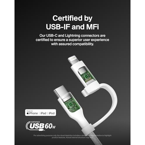 Belkin Boostcharge 2-In-1 Usb-C Charging Cable W/Usb-C & Lightning Connector - Braided Fast-Charging Cable, Multi-Charging Combo Cord For Apple Iphone, Ipad, Samsung, Macbook, & More - White