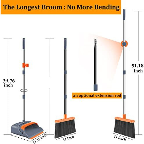 Kelamayi Broom And Dustpan Set For Home Long Handle, Upright Standing Dustpan For Home Room Kitchen Office Lobby Floor Use (Gray), Stainless Steel