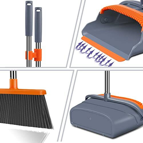 Kelamayi Broom And Dustpan Set For Home Long Handle, Upright Standing Dustpan For Home Room Kitchen Office Lobby Floor Use (Gray), Stainless Steel