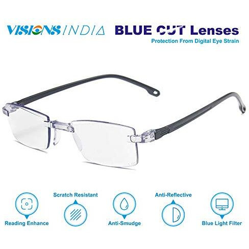 Augen Blue Block Rimless Reading Glasses Black Clear Unisex Free Size Power (+2.00, Pack Of 2)
