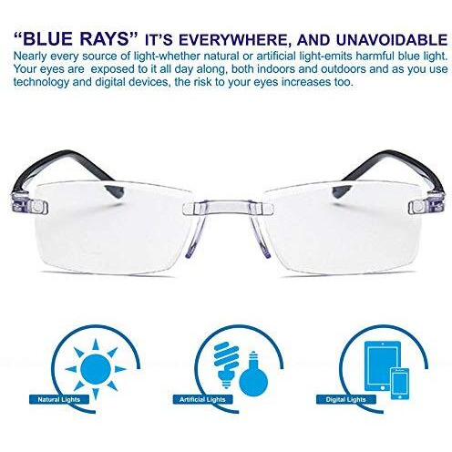 Augen Blue Block Rimless Reading Glasses Black Clear Unisex Free Size Power (+2.00, Pack Of 2)