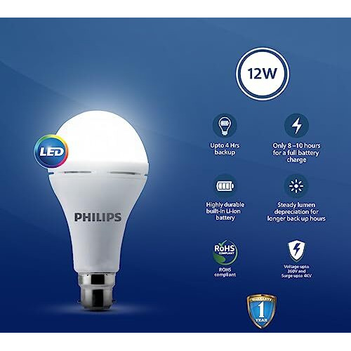 Philips 12W Emergency Bulb | Rechargeable Emergency Bulb For Power Cuts | Backup  Upto 4Hrs, Cool Day Light,Pack Of 6