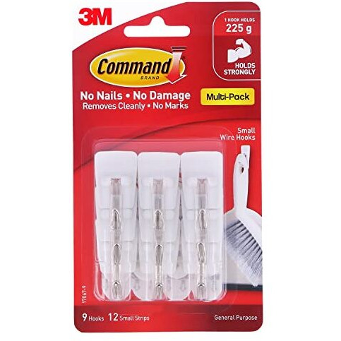 3M Command Pack 9 Hooks, Holds Upto 225Gms,Removable,Comes Off With No Paint Damage,Small Wire Wall Hooks, Reusable, Adhesive Plastic Hooks For Wall, Multi-Surface Damage Free Hooks (White, 9 Hooks)