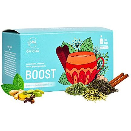 Oh Cha - Green Tea Bags, Boost | Energy Boosting Tea With Peppermint, Senna Leaves, Cinnamon, Ginger, Fennel Seeds | 100% Natural Ingredients, Green Tea For Weight Loss | Everyday Wellbeing Drink | 20 Tea Bags