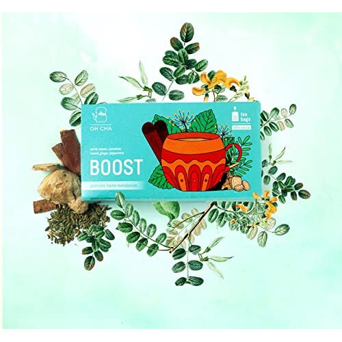 Oh Cha - Green Tea Bags, Boost | Energy Boosting Tea With Peppermint, Senna Leaves, Cinnamon, Ginger, Fennel Seeds | 100% Natural Ingredients, Green Tea For Weight Loss | Everyday Wellbeing Drink | 20 Tea Bags