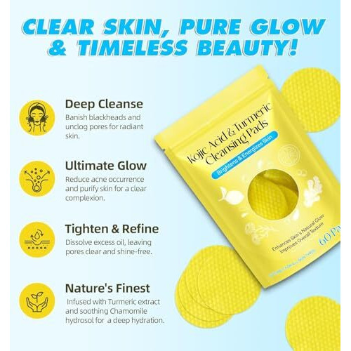 Kojic Acid And Turmeric Cleansing Pads, Turmearic Cleansing With Vitamin B5, Vitamin C, Turmeric Infused Foaming Exfoliating, Turmeric Lemon Chamomile Pads For Face -60Pcs