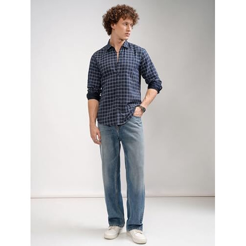 Highlander Men's Checkered Slim Fit Shirt (Hlsh009221_Navy Blue/White
