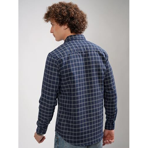 Highlander Men's Checkered Slim Fit Shirt (Hlsh009221_Navy Blue/White